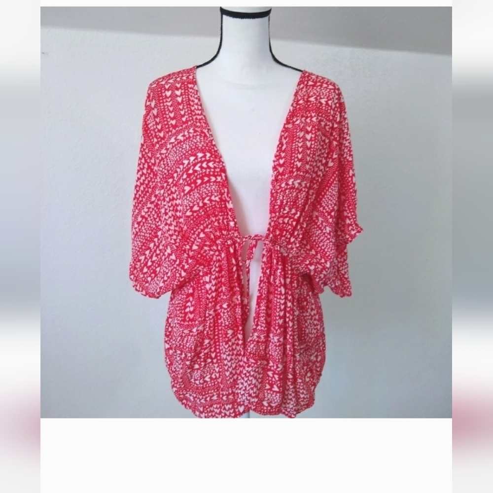 Victoria's Secret Red & white hearts pattern Kimono Robe Swimsuit Beach Coverup